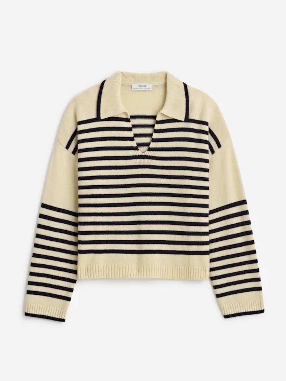 Madewell Cashmere Wool Blend Striped Polo Johnny Collar Knit Sweater Cream Blue